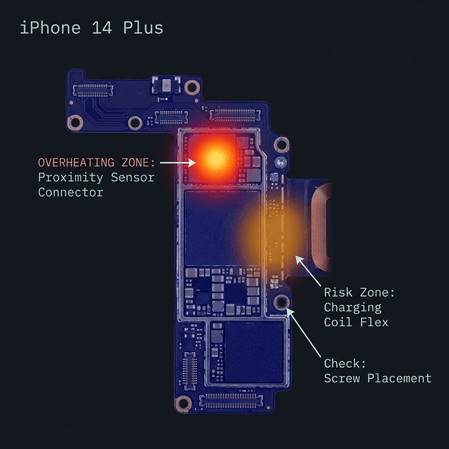 iPhone 14 Plus logic board thermal heat map showing overheating zone at proximity sensor connector and risk zone at charging coil flex on right edge