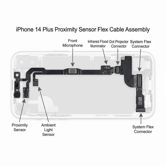 iPhone 14 Plus proximity sensor flex cable assembly diagram showing routing from earpiece to logic board connector, with ambient light sensor and front microphone labeled